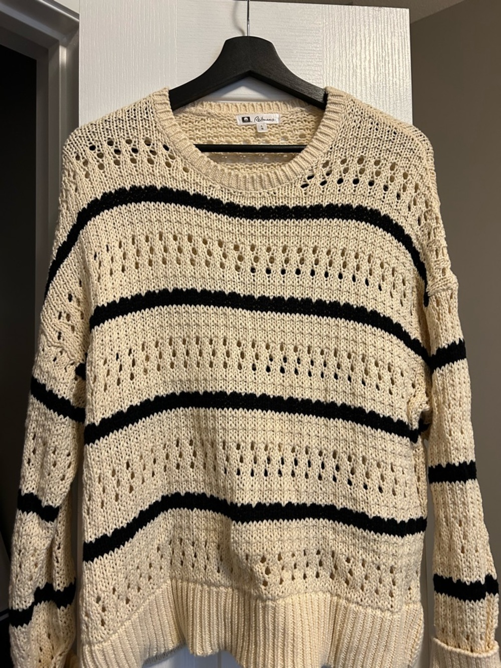 Reitmans Cream and Black Striped Open-Knit Crewneck Sweater